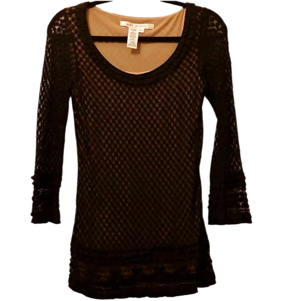 Max Studio Black Lace Tunic Top L Fully Lined in Tan Long Sleeves EUC